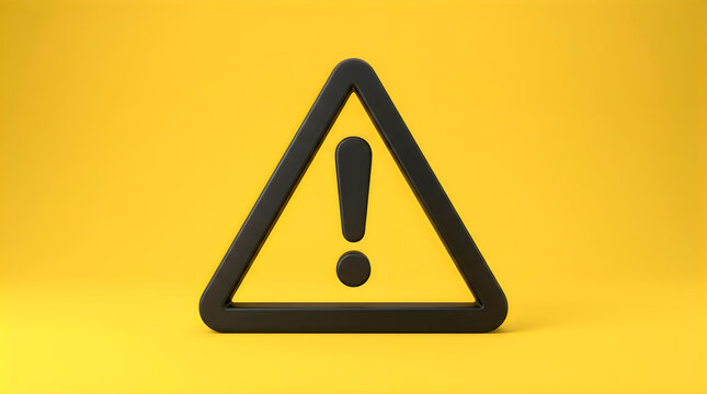 3d render of a black warning sign with an exclamation mark icon isolated on a yellow background, representing caution and safety alerts