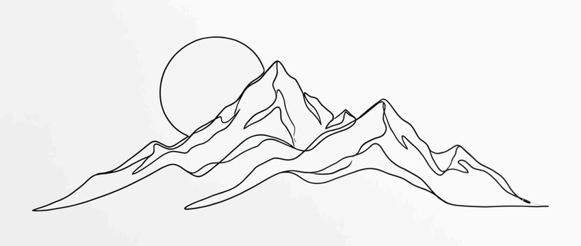 Continuous line drawing of mountains and sun, minimalist mountain landscape art