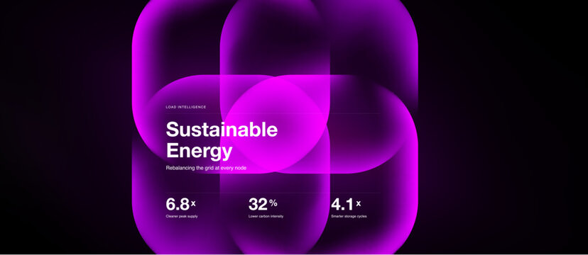 Purple abstract shapes dominate dark background. Text highlights sustainable energy metrics, including charge per kWh, lower latency, smaller outage times.