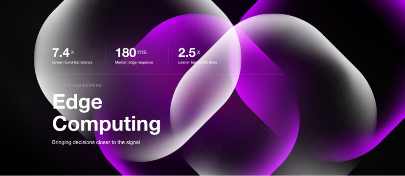 Dark background features abstract purple shapes, text highlights edge computing metrics. Focus on latency, response time, leaner bandwidth draw.