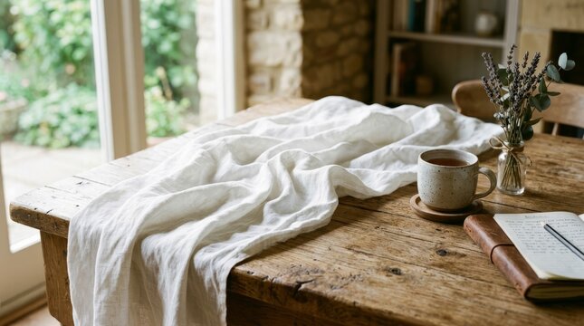 Cozy Morning Bedside with Soft White Towel and Natural Light.