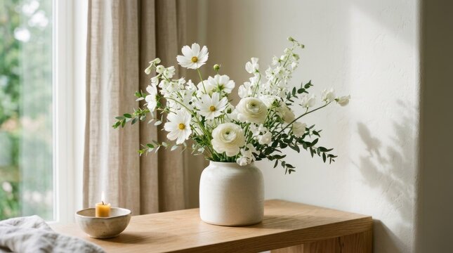 Elegant White Flower Arrangement on a Wooden Table by Window.