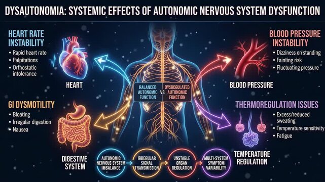 Educational infographic showing systemic effects of dysautonomia on human body organ functions