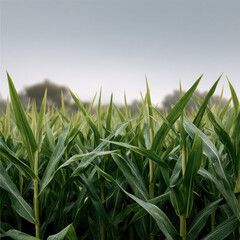 Obraz premium Tall green corn stalks with pointed leaves stand in dense field under cloudy sky, evoking calm rural atmosphere