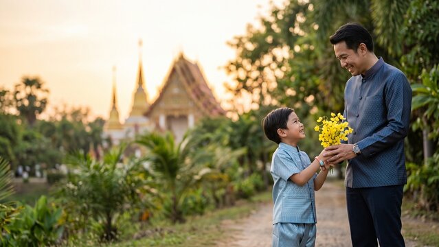 Asian Son Giving Yellow Flowers to His Father Near Buddhist Temple in Traditional Costume. 