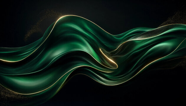 Abstract emerald green silk fabric flowing with golden light edges