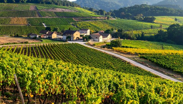 Vi&ntilde;edos en colinas verdes con peque&ntilde;o pueblo rural al fondo
