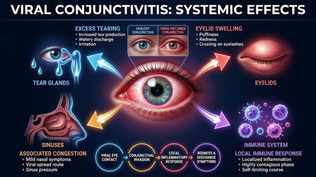 Medical infographic showing systemic effects and symptoms of viral conjunctivitis infection
