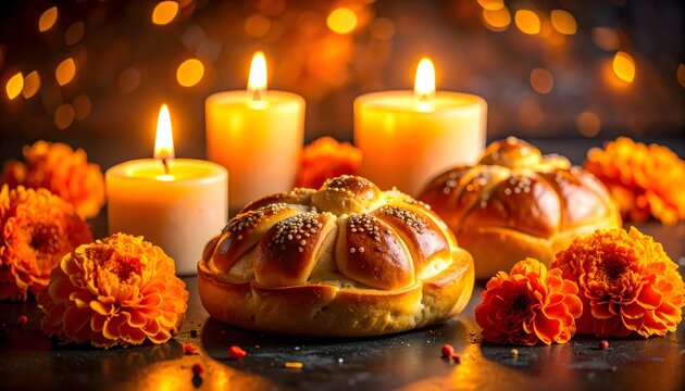 Pan de muerto con velas y flores de cempas&uacute;chil