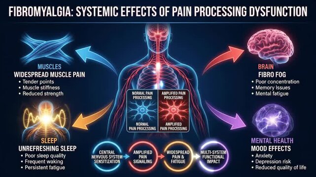Medical infographic showing systemic effects of fibromyalgia and pain processing dysfunction