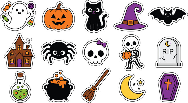 Colorful halloween icons and symbols collection with ghosts pumpkins and spooky elements