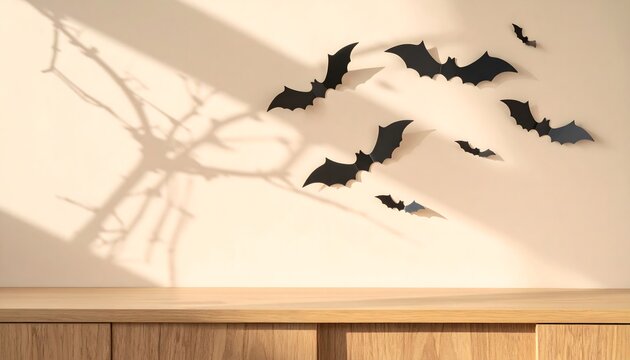 Siluetas de murci&eacute;lagos y sombra de ramas en decoraci&oacute;n de Halloween