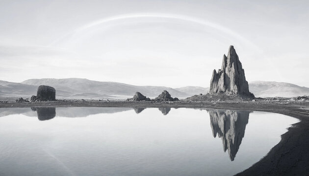 Jagged rock spires reflecting in a calm desert lake