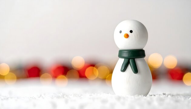 Mu&ntilde;eco de nieve minimalista con bufanda sobre fondo festivo desenfocado