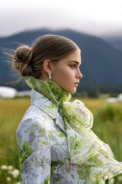 Elegant woman floral dress green outdoor mountain serene profile young fashion