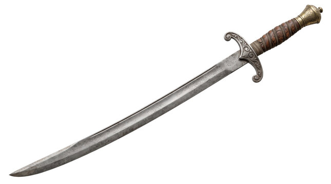 Antique pirate cutlass with curved steel blade, vintage naval sword with brass hilt and leather grip, historical maritime weapon isolated on white