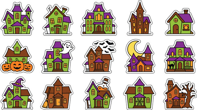 Colorful collection of spooky haunted houses for halloween celebrations and festive designs