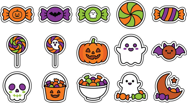 Colorful halloween candy and treats in decorative wrappers isolated on white
