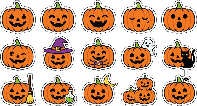 Collection of cheerful jack o lanterns with various happy and spooky expressions