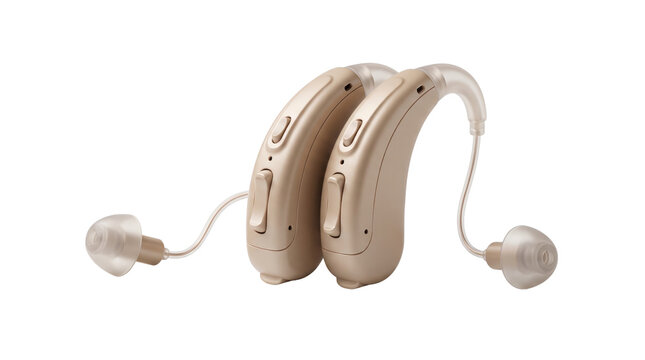 Modern beige hearing aids pair, digital hearing aid devices for hearing loss treatment, medical ear equipment on white background