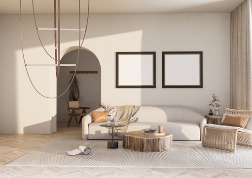 Japandi Minimalist Living Room with Double Photo Frames and Natural Sunlight