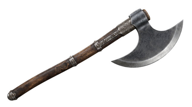 Medieval viking battle axe with forged steel blade, ancient warrior hatchet on wooden handle, antique nordic weapon isolated on white background