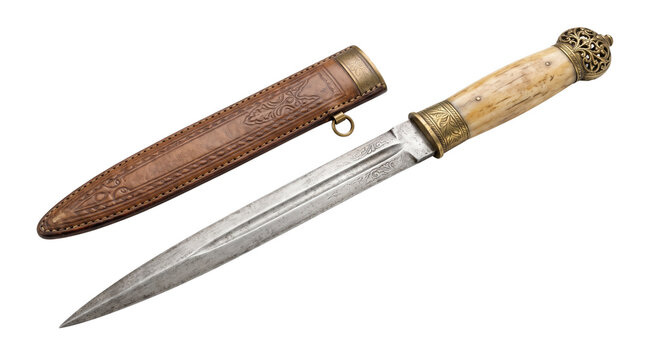 Antique ornate dagger with bone handle and leather scabbard, vintage ceremonial knife with brass filigree, traditional steel blade weapon on white background