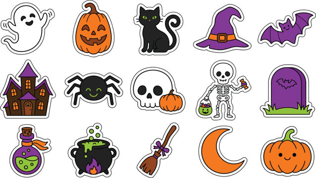 Collection of colorful halloween icons including ghosts pumpkins and spooky creatures