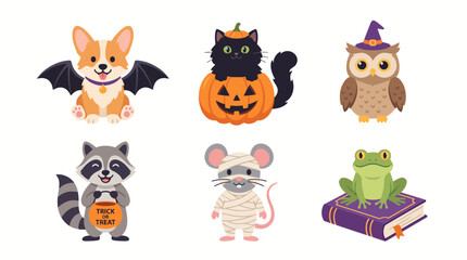 Fototapeta premium Set of cute cartoon animals dressed in Halloween costumes for holiday celebration.
