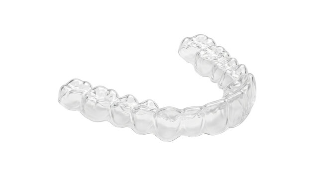 Clear dental aligner for orthodontic treatment, transparent plastic teeth retainer, invisible removable braces isolated on white background