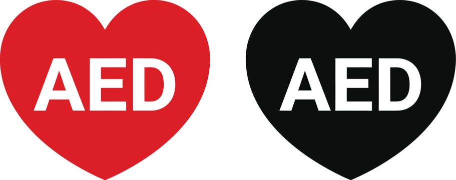 Red and black heart shapes with aed text for medical emergency signage and safety awareness icons
