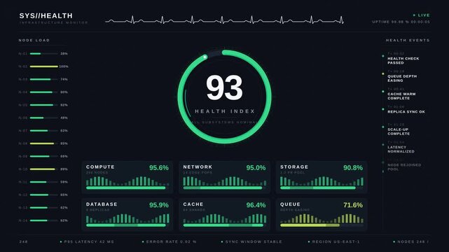 Data analyst monitoring cloud infrastructure health on a digital dashboard