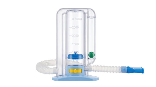 Incentive spirometer for lung exercise, medical breathing trainer with flexible tube, respiratory therapy device on white background