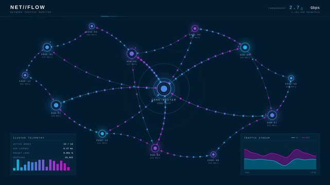 Digital cloud network traffic dashboard displaying data analytics on screen