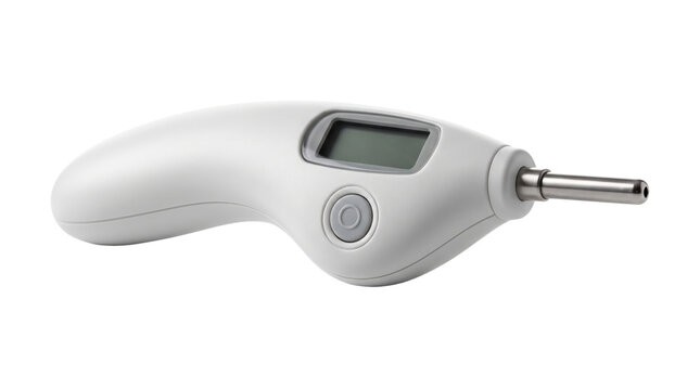 Digital tire pressure gauge with LCD display, portable automotive air pressure tester, professional car maintenance tool on white background