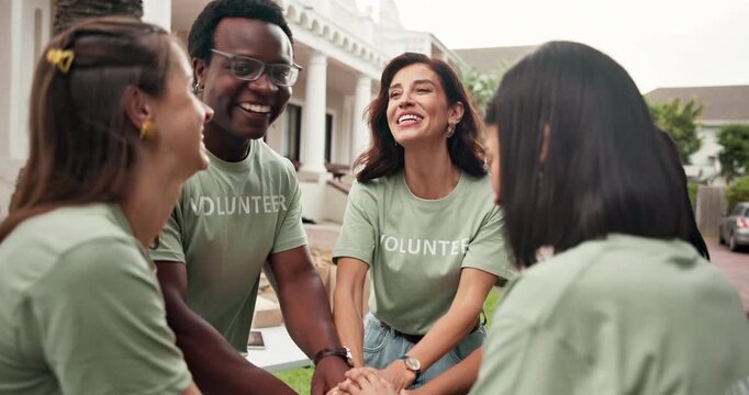 Volunteers, clap and team outdoor with handstack, support and motivation for donation campaign. Happy people, diversity or charity group with applause, encouragement or solidarity for welfare project