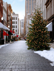 Fototapeta premium Christmas tree downtown city street winter snow festive holiday lights