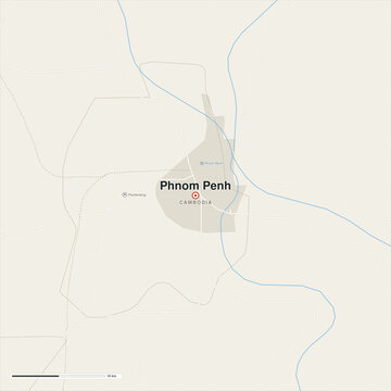 Phnom Penh, Cambodia - Detailed city map with urban area, main roads, railways, rivers, airports and surrounding towns. Vector illustration.