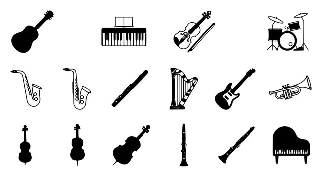 Vector icon set of various musical instruments clean minima set with simple line art design featuring simple design, minimalist, black and white with illustrations and graphics