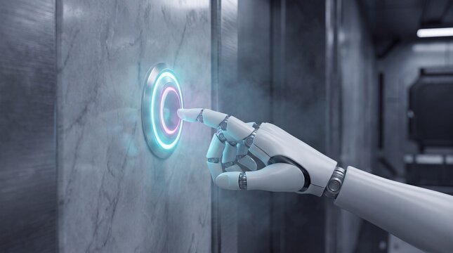 robotic technology design, a minimalist robotic hand activates a glowing button on a marble wall