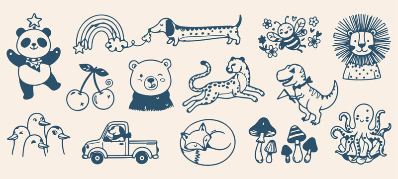 whimsical playful domestic pets line art, hand drawn dachshund dog sausage sketch, cute smiling bear leopard doodle illustration, wild cheetah snail turtle line drawing, sweet cartoon nursery animals 