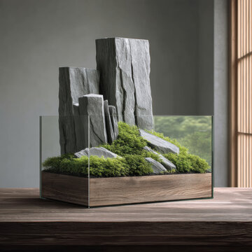 Modern minimalist terrarium high fidelity glass moss stone wood natural geometric Modern minimalist terrarium with high