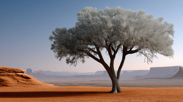 Lone gnarled broom tree stands on cracked desert ground, dramatic landscape, serene, arid, blue sky