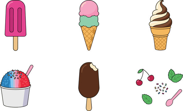 Ice cream and frozen dessert vector icon set featuring popsicles, waffle cones, shaved ice bowl, cherry, sprinkles, and mint leaves isolated on white background