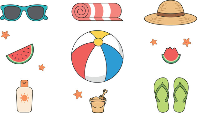 Summer beach vacation vector icon set featuring sunglasses, beach ball, straw hat, sunscreen, flip flops, towel, sand bucket, and watermelon slices isolated on white background