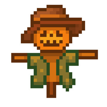 Pixelated Pumpkin Scarecrow with Brown Hat and Green Coat Illustration in Vintage Pixel Style