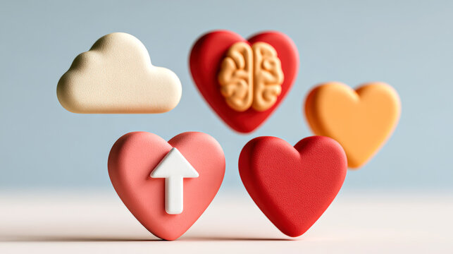Mental health awareness concept with hearts brain cloud and upward arrow symbol
