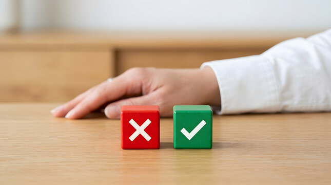A business person places red and green wooden blocks with cross and check mark symbols on a wooden office desk surface