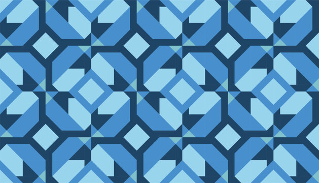 Contemporary geometric pattern composed of repeating octagonal shapes, diamonds, triangular facets, and interlocking angular forms in contrasting shades of blue.