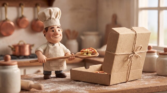 Adorable 3D rendered mini chef placing a tiny pizza slice into a cardboard box on a rustic kitchen counter